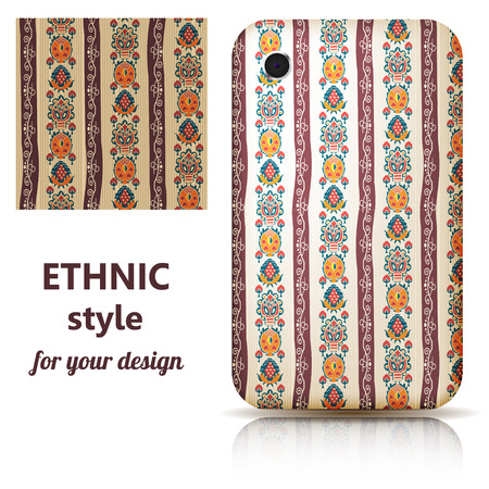 Set of seamless texture and phone cover decorated in orange floral ornament. Tribal style. Vector illustration.のイラスト素材