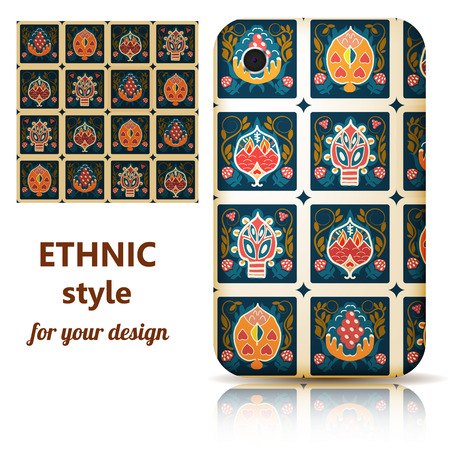 Set of seamless texture and phone cover decorated in orange floral ornament on a blue background. Tribal style. Vector illustration.のイラスト素材