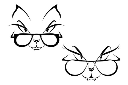 Set of silhouettes muzzle cat with glasses. Logo. Vector illustration.のイラスト素材