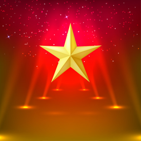 Red abstract background with rays of spotlights and gold star. Vector illustrationのイラスト素材