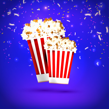 Banner large and small  popcorn on blue background. Food, popcorn. Design your the cinema, film, and entertainment events. Vector illustration.illustration.のイラスト素材