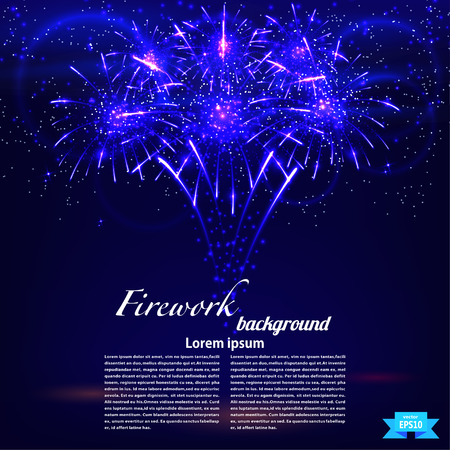 Bright colorful fireworks on a blue background. Holiday card. Vector illustrationのイラスト素材
