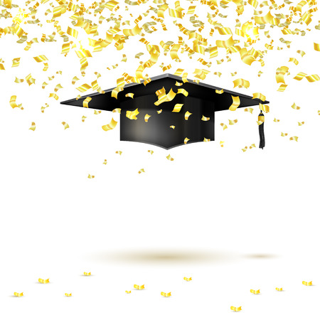 Graduate cap and golden confetti on a white background. Vector illustrationのイラスト素材