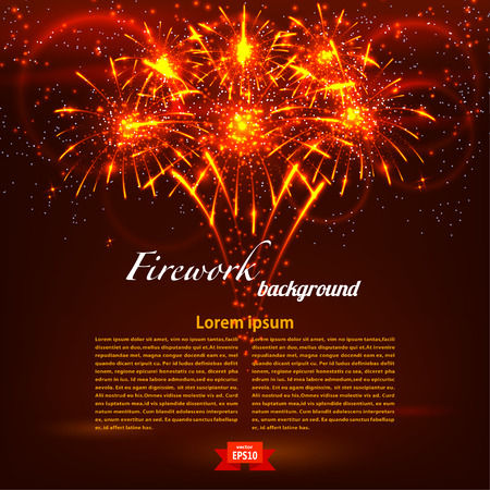Bright colorful fireworks on a red background. Holiday card. Vector illustrationのイラスト素材