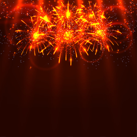 Bright colorful fireworks and rays on a red background. Holiday card. Vector illustrationのイラスト素材