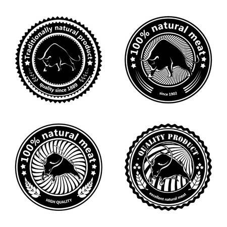 Set of logos, labels with silhouettes of bulls. Design badge for your farm, shop, market. Agriculture. Cattle. Fresh and quality meat and milk. Natural product. Logo. Vector illustrationのイラスト素材