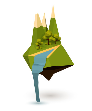 Abstract island with trees, mountain and a waterfall in the low poly style. Vector illustrationのイラスト素材