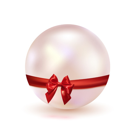 Pink pearl with a red bow of satin ribbon isolated on a white background. Glamorous design. Jewelry. Vector illustration.のイラスト素材