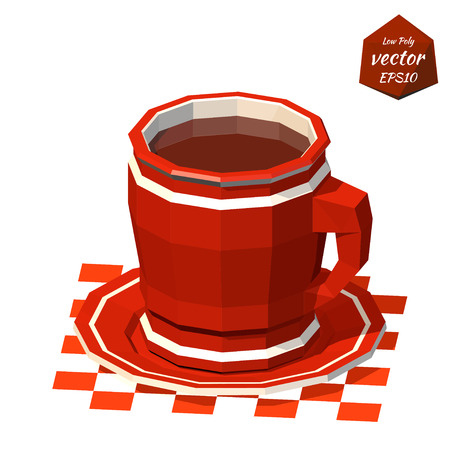 Red cup on a saucer with a drink isolated on white background. Low poly style. Vector illustration.のイラスト素材
