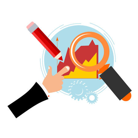 Blue background with a Magnifier, pencil, chart and the hand of man. Business. Flat design. Vector illustration.のイラスト素材