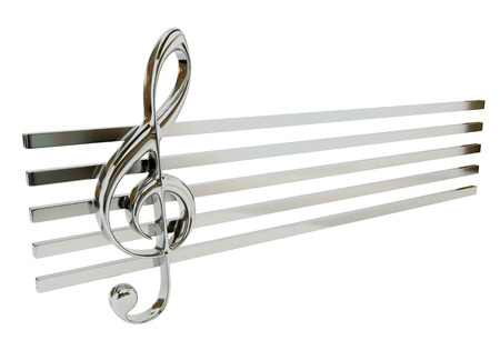 Steel treble clef and the stave, isolated on a white background. Musical Symbol. 3d illustration.の写真素材