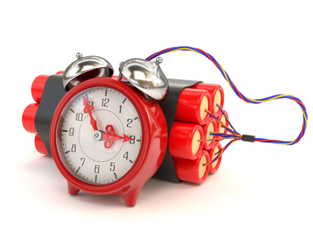 Bundle of dynamite and clocks isolated on white background. 3d illustration.