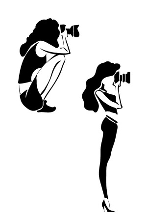 Silhouette girl photographer isolated on white background. Vector illustration.のイラスト素材