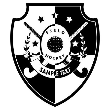 Sign field hockey on shield - two sticks, ball, ribbon with text, laurel branches and the stars. Vector illustration.のイラスト素材
