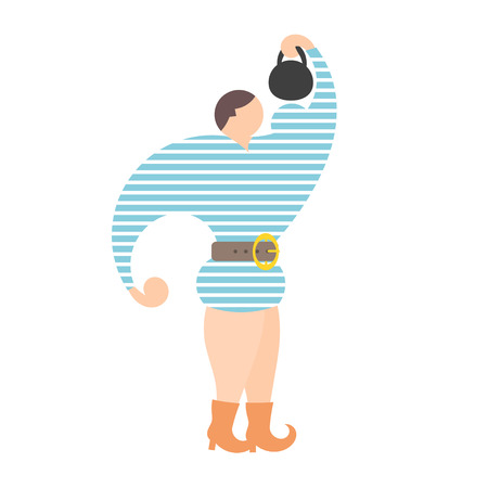 The flat drawing of a circus strongman with weights on a white background. Vector illustrationのイラスト素材