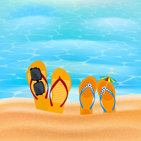 Two pairs slap on the seashore. Beach shoes on the sand with sunglasses and umbrella. The concept of summer vacation. Element for design of travel agency advertising. Beach concept. Illustration of summer vacation. stock vectorのイラスト素材