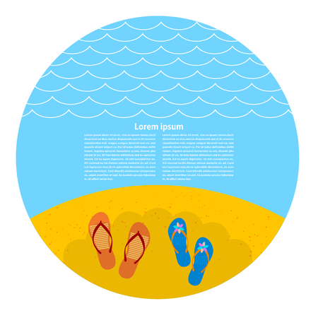 Seaside. Beach shoes on the beach. Vector sunny beach with shoes. Illustration of beach Flip-flops on the sand, waves and shadow of an umbrella. Summer travel concept. Design element for the travel agency. Stock vectorのイラスト素材