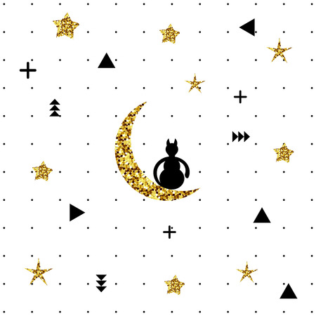 Cat sitting on the moon. Black cat, sitting on a golden moon. The pattern of the moon, a 
black cat and golden stars. Memphis style. Stock vectorのイラスト素材