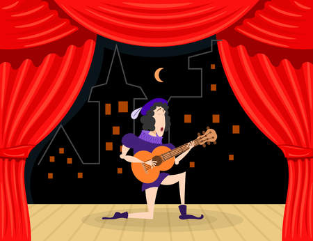 Scene performance with singer serenades. Cartoon theater, an actor with a guitar. The scene serenade. Stock vectorのイラスト素材