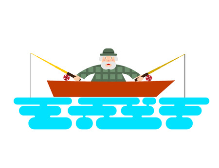 Fisherman on the boat. Illustration of a fishing boat - fisherman with two rods. The flat design. Stock vectorのイラスト素材