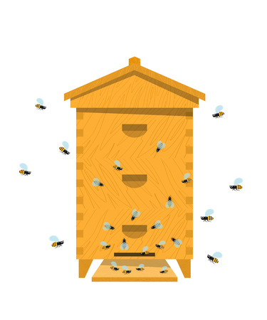 Beehive with bee on a white background. Traditional wooden beehive. Cartoon illustration of a beehive. Stock vectorのイラスト素材