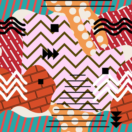 Colored seamless pattern. Bright geometric pattern in the Memphis style with colorful abstract figures. Background for your design, wallpaper, fabric, paper. Stock vectorのイラスト素材