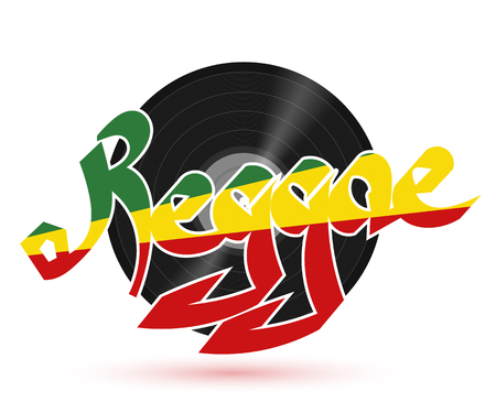 The record reggae music. Musical plastic plate with the word REGGAE on a white background with shadow. REGGAE Illustration. Stock vectorのイラスト素材