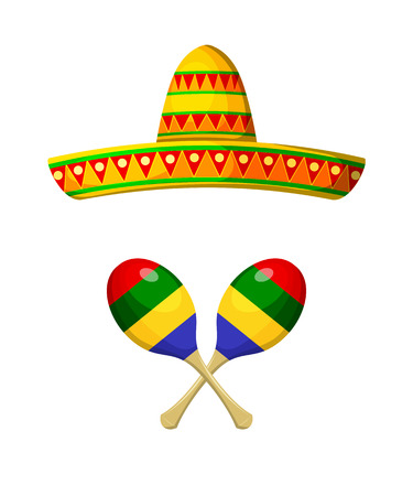 National Mexican sombrero and maracas on a white background. Objects of the festival. Isolate. Cartoon style. Stock vector illustrationのイラスト素材