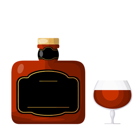 Cognac on a white background. A bottle of cognac or a glass of brandy. Isolate. Cartoon 
style. Stock vector illustrationのイラスト素材