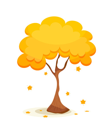 Yellow maple tree with leaves. Autumn maple with gold falling leaves on a white 
background. Cartoon style.のイラスト素材