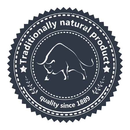 Logo cattle farm on a white background. Black bull on a circular badge. Stock vector illustration.のイラスト素材