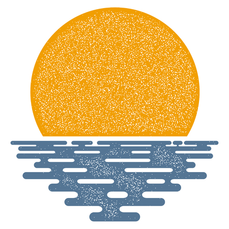 Sunset on a white background. Sunset sun, icon, isolate. Flat sunset, color illustration with 
grunge texture. The sun and the sea, the sign of the nature. Sea sunset or sunrise. Stock 
vectorのイラスト素材