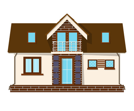 Beautiful small house with a loft, balcony. Building with an attic. Cozy rural house with a mezzanine. Stock vector illustrationのイラスト素材