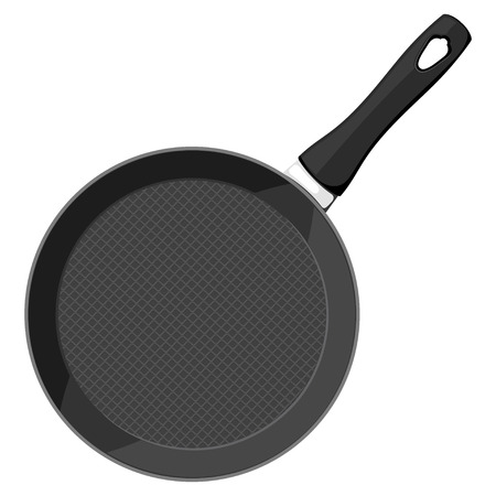Vector image of a black cast iron pan with a handle on a white background. Subject kitchen accessory. Stock vector illustrationのイラスト素材