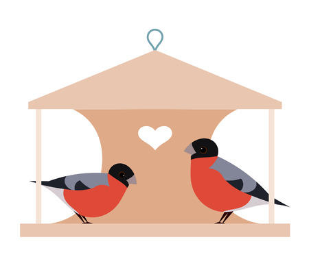 Two bullfinch on manger. Two birds on a wooden manger with heart on a white background. Illustration of love and friendship. stock vectorのイラスト素材