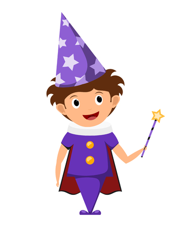 The little magician. A child in a purple suit and cap with stars with a magic wand in his 
hands. Illustration of children's performance, show. Cartoon style. The young actor, wizard.のイラスト素材