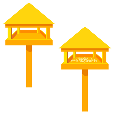 Feeders for birds on a white background. Wooden feeder with a roof . Illustration of nature protection, care of animals and birds. Design element. Stock vector illustrationのイラスト素材