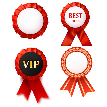 Red award ribbons badge with white background. Abstract object decorations. Isolate. Set of red badges. Stock vector illustrationのイラスト素材
