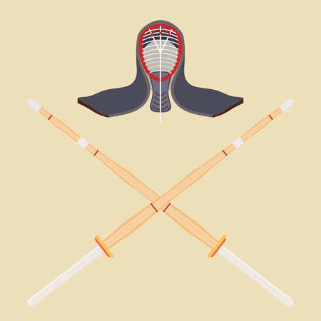 Two crossed bamboo training sword for kendo and protective helmet. Wooden Japanese swords, kendo. Vector kendo weaponのイラスト素材