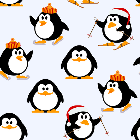 Vector seamless pattern with young penguins playing. Penguins skating, skiing. Winter Games. Illustration of Kids Penguin winterのイラスト素材
