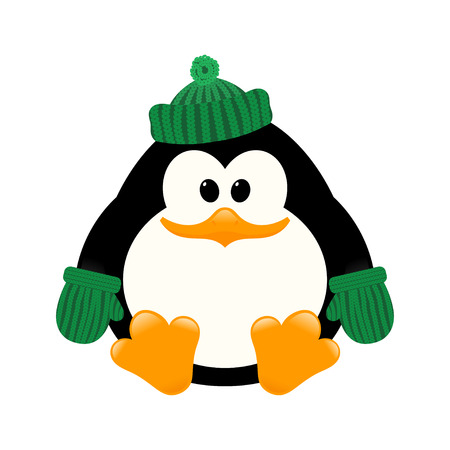 Vector illustration of a young cute penguin in a knitted cap and mittens sitting on the ice. 
Isolate. Winter sitting Baby Penguinのイラスト素材