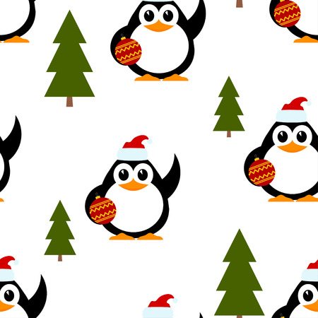 Vector illustration of a winter pattern with a small penguin and trees. Baby penguin with 
Christmas ball in hat of Santa Claus on a white background. Winter seamless pattern.のイラスト素材
