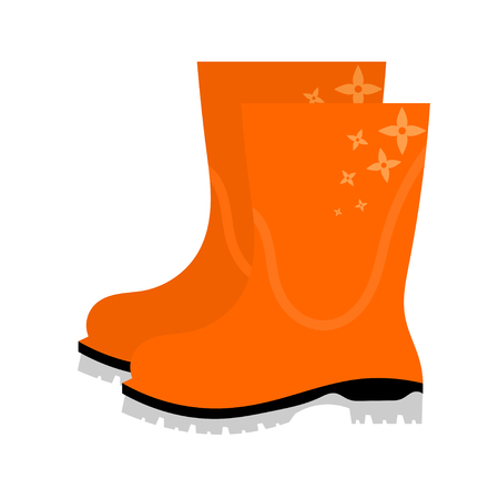 Vector illustration of abstract yellow rubber boots with floral ornament on a white background. Autumn shoes on a white background. Isolated objectのイラスト素材