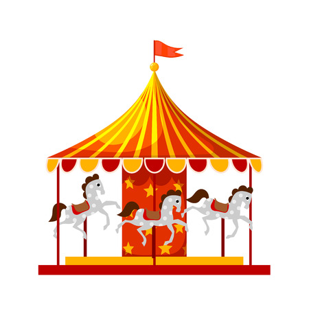 Stock Vector Cartoon children's fun colorful carousel with horses. Children playing a traditional carousel isolate on a white background.のイラスト素材