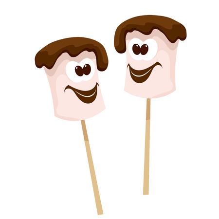 Two sticks with marshmallows with chocolate in Cartoon style on a white background. Vector illustration. Food, fun camping. Food at summer campのイラスト素材