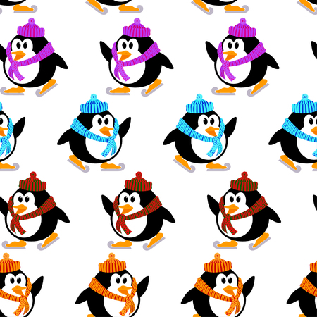 Seamless vector texture with penguins on skis. Vector pattern with cute little penguins 
skating.のイラスト素材