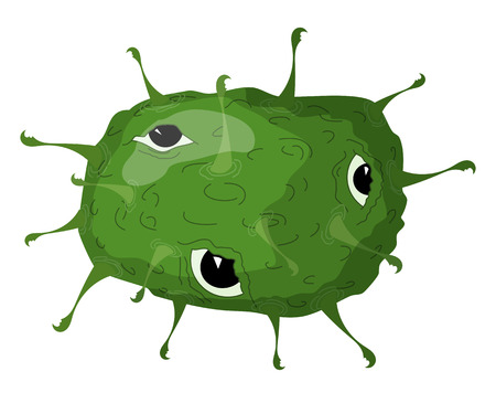 Vector illustration Cartoon green virus with eyes. Comic virus isolated on white background. Cartoon style. Microorganism biology natureのイラスト素材