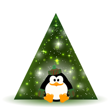 Vector illustration of cute young penguin near the Christmas tree on a white background. 
Cartoon style. Penguin and tree - a symbol of the New Yearのイラスト素材