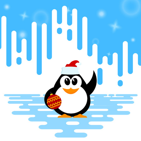Vector illustration of a cute little baby penguin with Christmas ball and santa hat on winter 
backgroundのイラスト素材