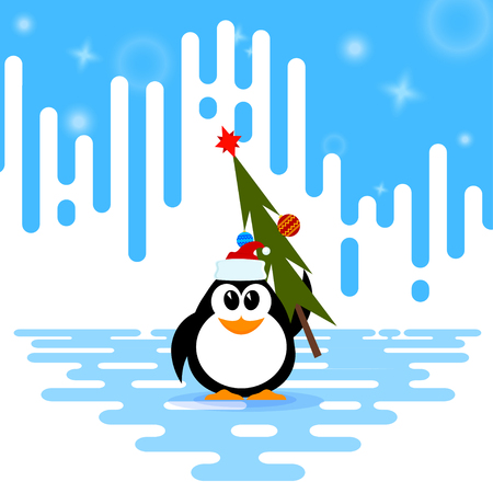 Vector illustration of a cute little penguin in the cap of Santa Claus, Christmas tree with 
Christmas ballのイラスト素材